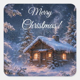 Magical Winter Night Cabin in the Woods Square Sticker