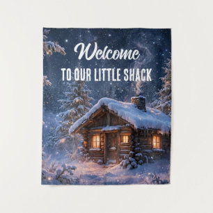 Magical Winter Night Cabin in the Woods Tapestry