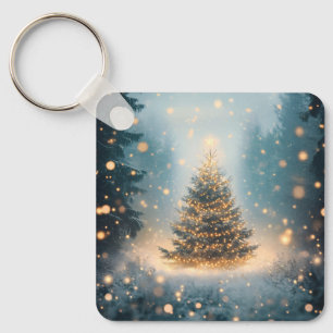 Magical Winter Snowy Forest Christmas Tree Key Ring