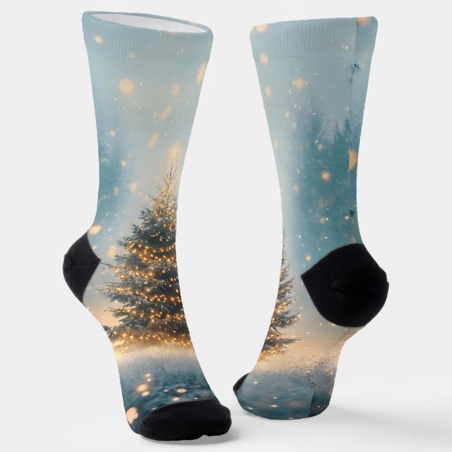 Magical Winter Snowy Forest Christmas Tree Socks (Angled)