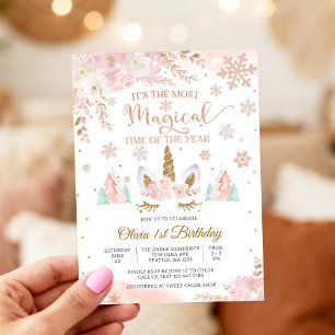 Magical Winter Unicorn 1st Birthday Invitation