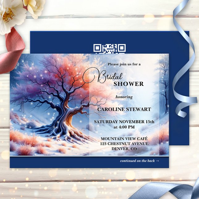 Magical Winter Wonderland Bridal Shower Invitation (Magical artistic bridal shower invitation featuring a beautiful tree in a winter wonderland forest)