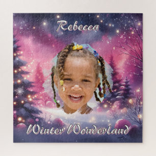 Magical Winter Wonderland Photo Name Purple Pink Jigsaw Puzzle