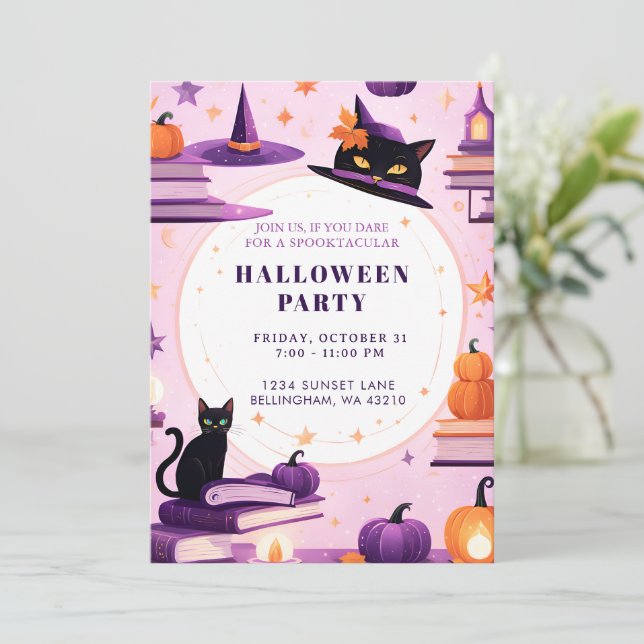 Magical Witch Cat Halloween Party Invitation (Standing Front)