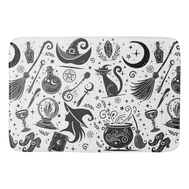 Magical Witch Whimsical Wiccan Pagan Black & White Bath Mat (Front)