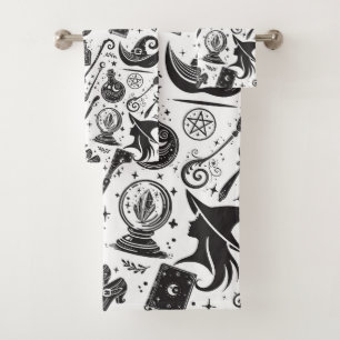 Magical Witch Whimsical Wiccan Pagan Black & White Bath Towel Set