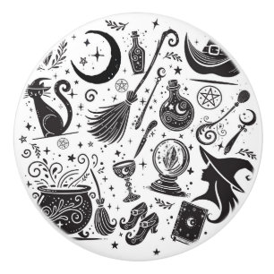 Magical Witch Whimsical Wiccan Pagan Black & White Ceramic Knob