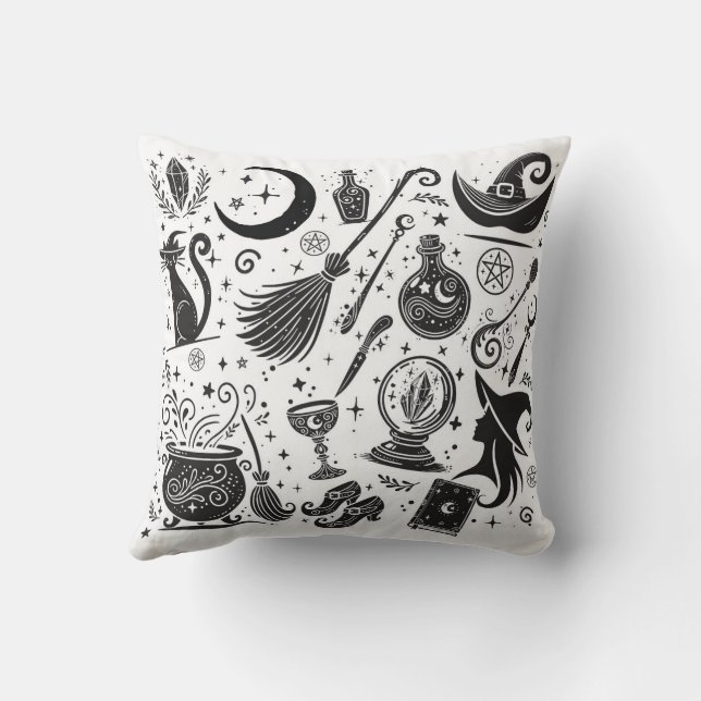 Magical Witch Whimsical Wiccan Pagan Black & White Cushion (Back)