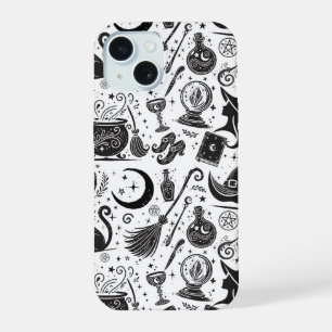 Magical Witch Whimsical Wiccan Pagan Black & White iPhone 15 Case