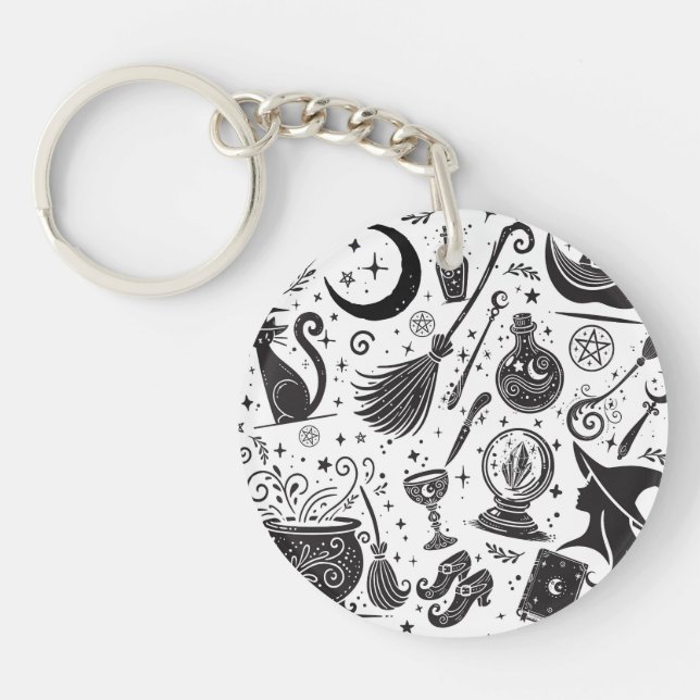 Magical Witch Whimsical Wiccan Pagan Black & White Key Ring (Front)