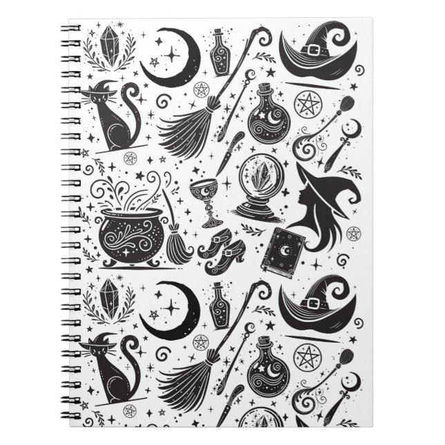 Magical Witch Whimsical Wiccan Pagan Black & White Notebook (Front)