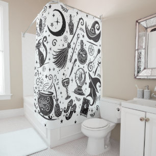 Magical Witch Whimsical Wiccan Pagan Black & White Shower Curtain