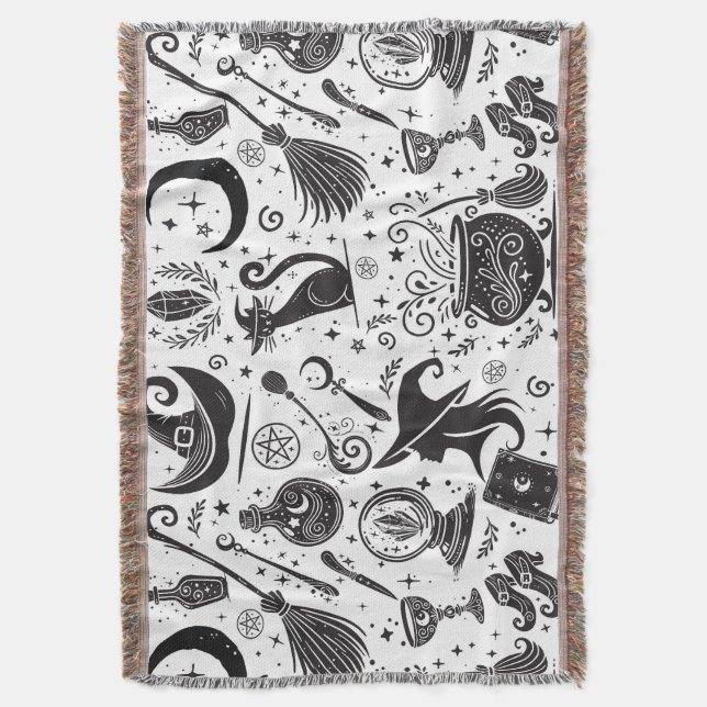 Magical Witch Whimsical Wiccan Pagan Black & White Throw Blanket (Front Vertical)