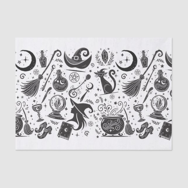 Magical Witch Whimsical Wiccan Pagan Black & White Tissue Paper (Front)