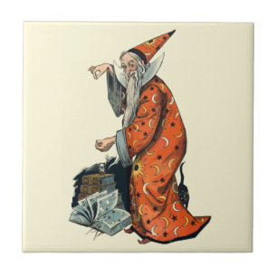 Magical Wizard and Black Cat Fantasy Art Tile
