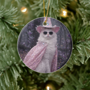 Magical Wizard Cat in Sparkly Pink Cape and Hat Ceramic Ornament