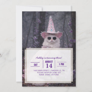 Magical Wizard Cat in Sparkly Pink Cape and Hat Invitation