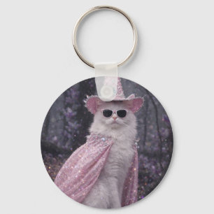 Magical Wizard Cat in Sparkly Pink Cape and Hat Key Ring