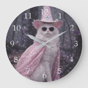 Magical Wizard Cat in Sparkly Pink Cape and Hat Large Clock