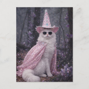 Magical Wizard Cat in Sparkly Pink Cape and Hat Postcard