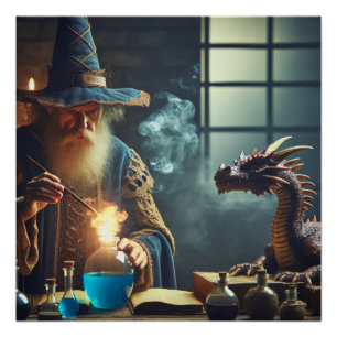 Magical Wizard Dragon Fantasy Art Poster
