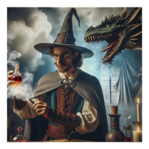 Magical Wizard Dragon Fantasy Art Poster