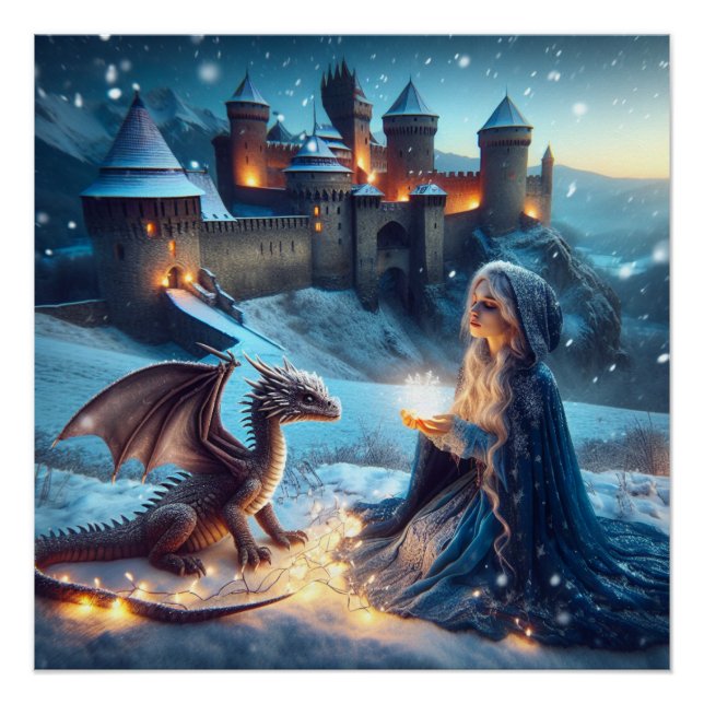 Magical Wizard Sorceress Dragon Fantasy Art Poster (Front)