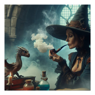 Magical Wizard Sorceress Dragon Fantasy Art Poster
