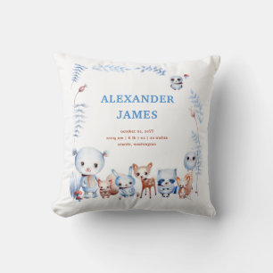 Magical Woodland Animals Birth Stats Boy Baby Cushion