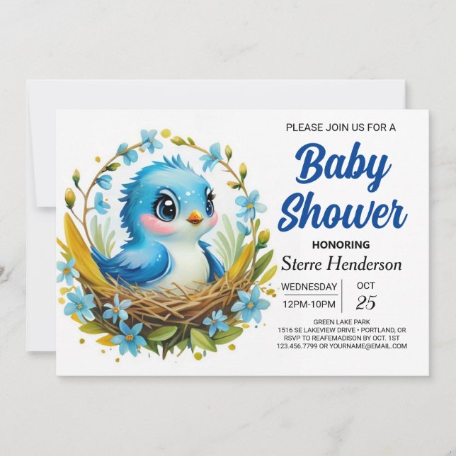 Magical Woodland Blue Bird Boy Baby Shower Invitation (Front)