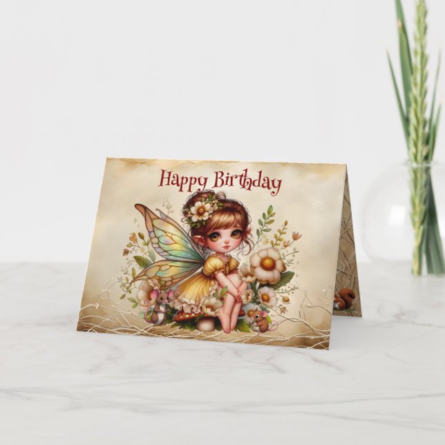 Magical Yellow and Gold Fairy Happy Birthday Card (Front)