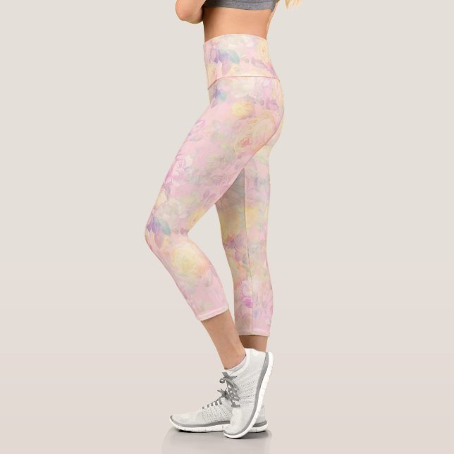 Magical Yellow White Roses Floral Pink Design Capri Leggings (Left)