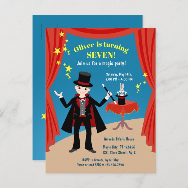 Magician Boy Show Birthday Party Invitation Postcard (Front/Back)