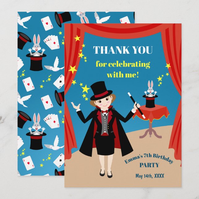 Magician Girl Show Birthday Party Thank You Card (Front/Back)