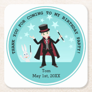 Magician kids birthday party square paper coaster