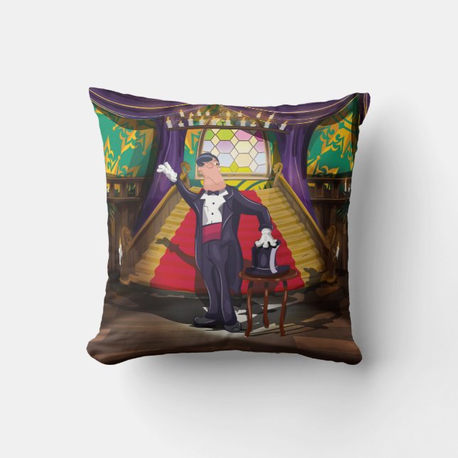 Magician performing magic trick on stage cushion (Front)