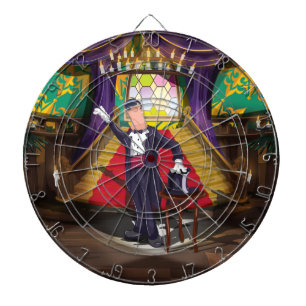 Magician performing magic trick on stage dartboard
