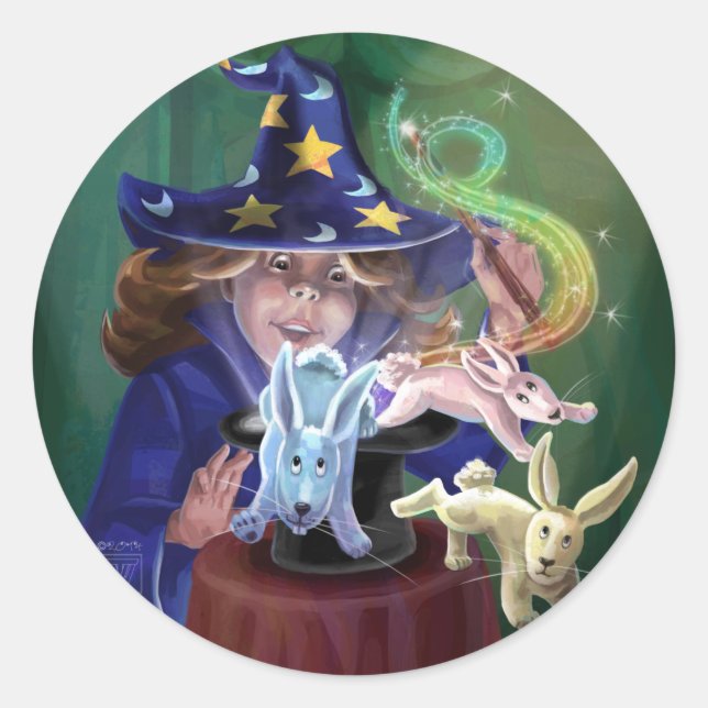 Magician Pulling Rabbits from a Hat Classic Round Sticker (Front)