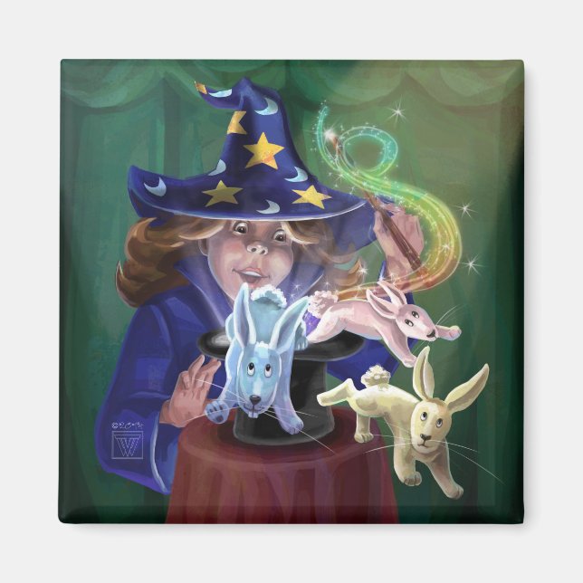 Magician Pulling Rabbits from a Hat Magnet (Front)