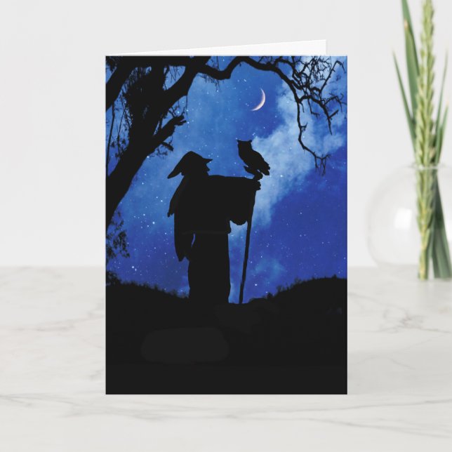Magician Wicca Inspired Birthday Card with Owl (Front)