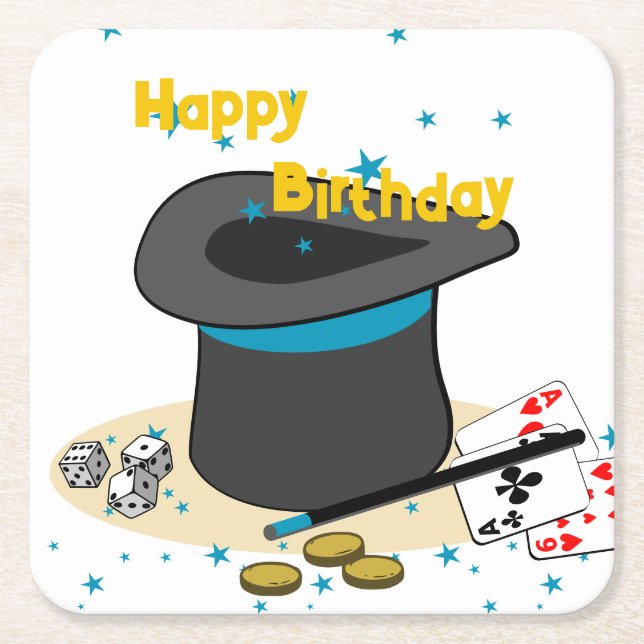 Magician's Hat Happy Birthday Kids Party Square Paper Coaster (Front)