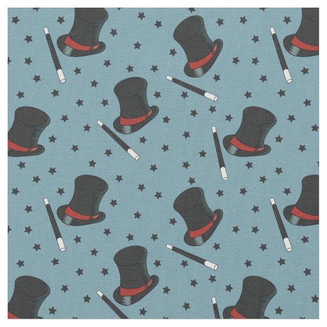 Magicians Hats, Magic Wands and Stars Blue Fabric (Close Up)