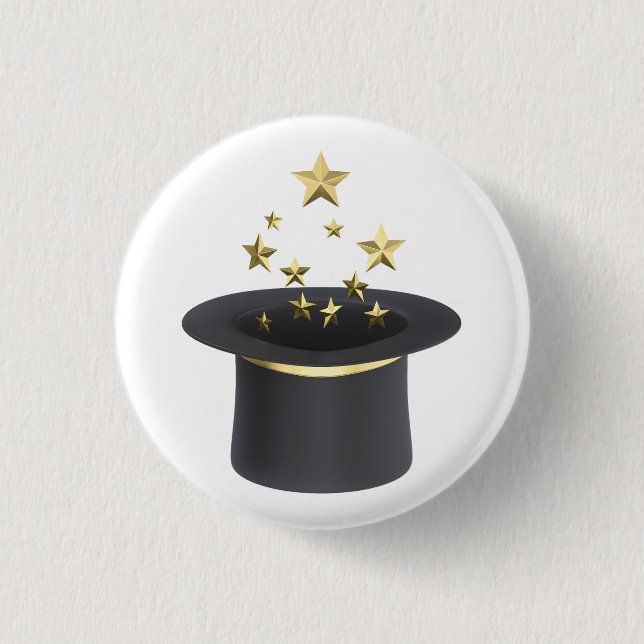 Magicians top hat with golden stars 3 cm round badge (Front)