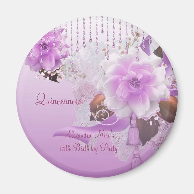 Magnet Quinceanera 15th Lilac Pink Floral White (Front)