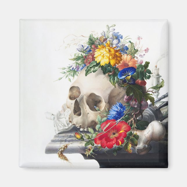 Magnet with skull and flowers scene. (Front)