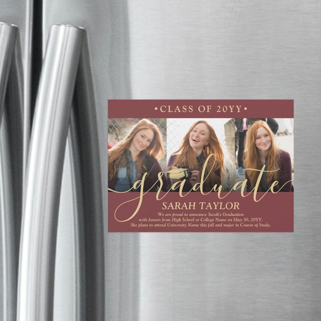 Magnetic 3 Photo Burgundy Graduation Announcement (Creator Uploaded)