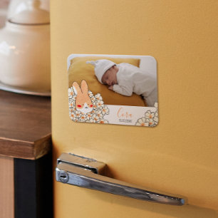 Magnetic baby birth announcement Rabbit and flower Magnet