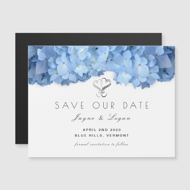 Magnetic Blue Floral Save Our Date Hearts Card (Front/Back)