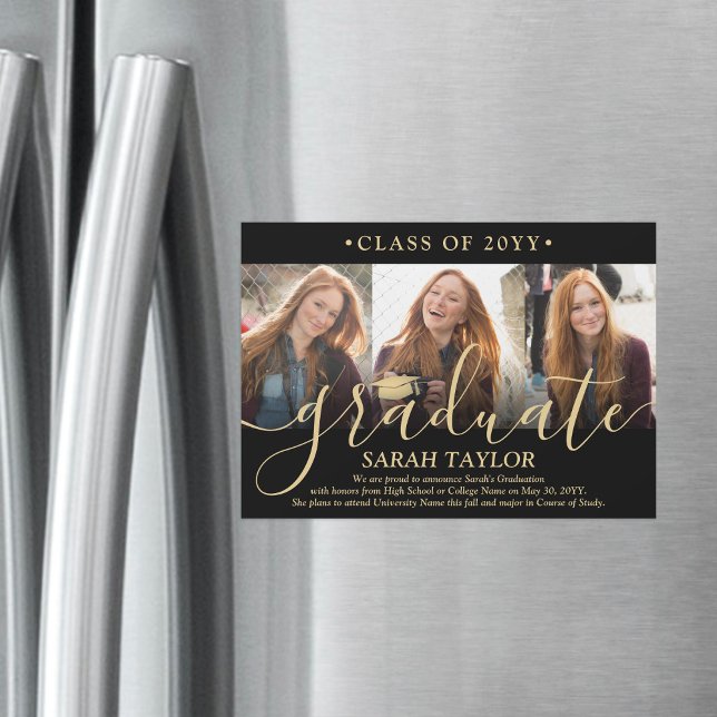 Magnetic Photo Black Gold Graduation Announcement (Creator Uploaded)