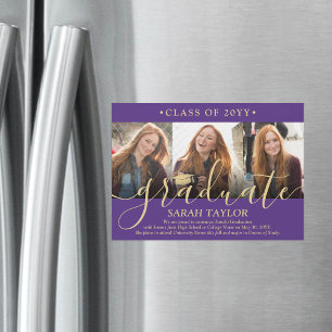Magnetic Photo Purple Gold Graduation Announcement
